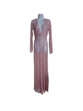 Womens Lace Maxi Dress Pink Deep V L-Sleeve Coquette Bridal Festival Romantic